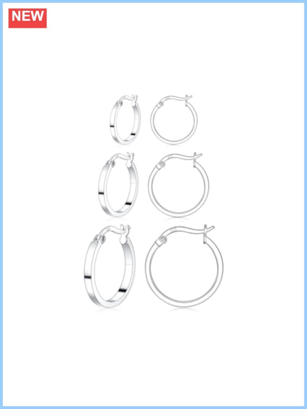3 Pairs 925 Sterling Silver Hoop Earrings Set 14K White Gold Plated 13/15/20mm